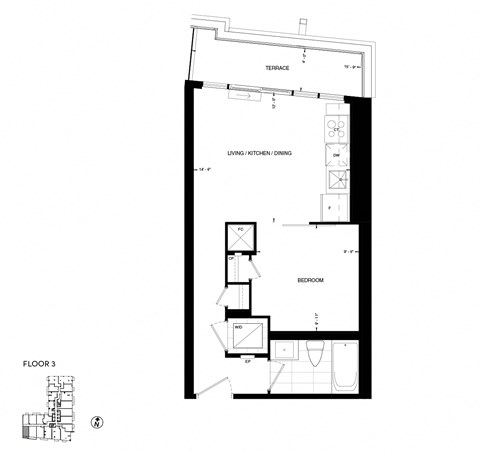 Floor plan for 1 bed, 1 bath, 486 sqft